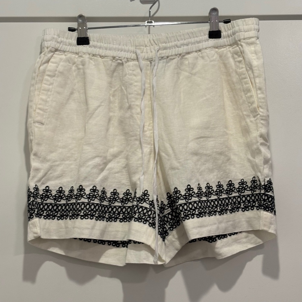 Talbots Womens MP Ivory Linen Embroidered Hem Pull On Shorts Drawstring Pockets